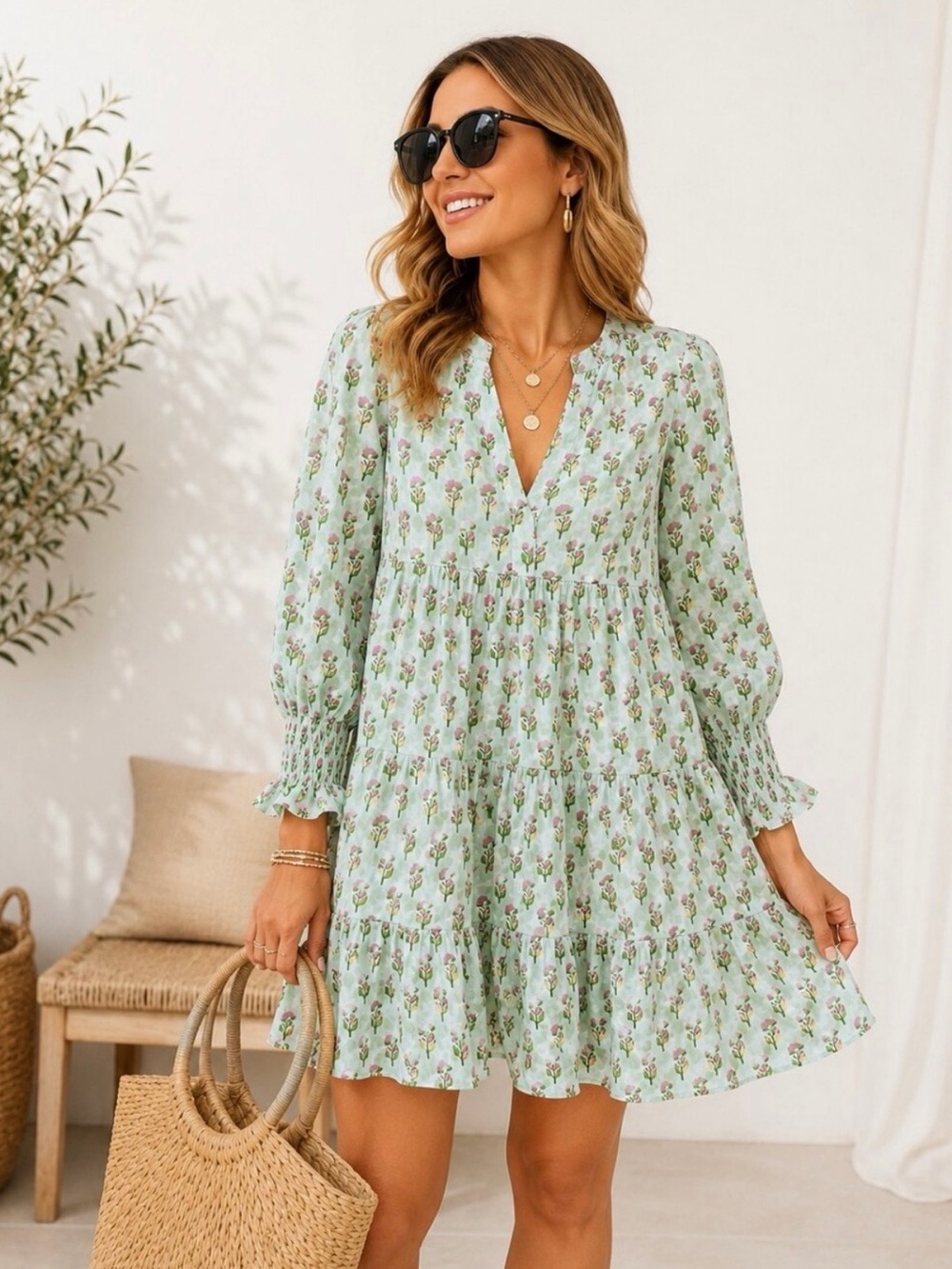 Tuckernuck Peony Swing Dress Green Floral Tiered Dress - Picture 1 of 7